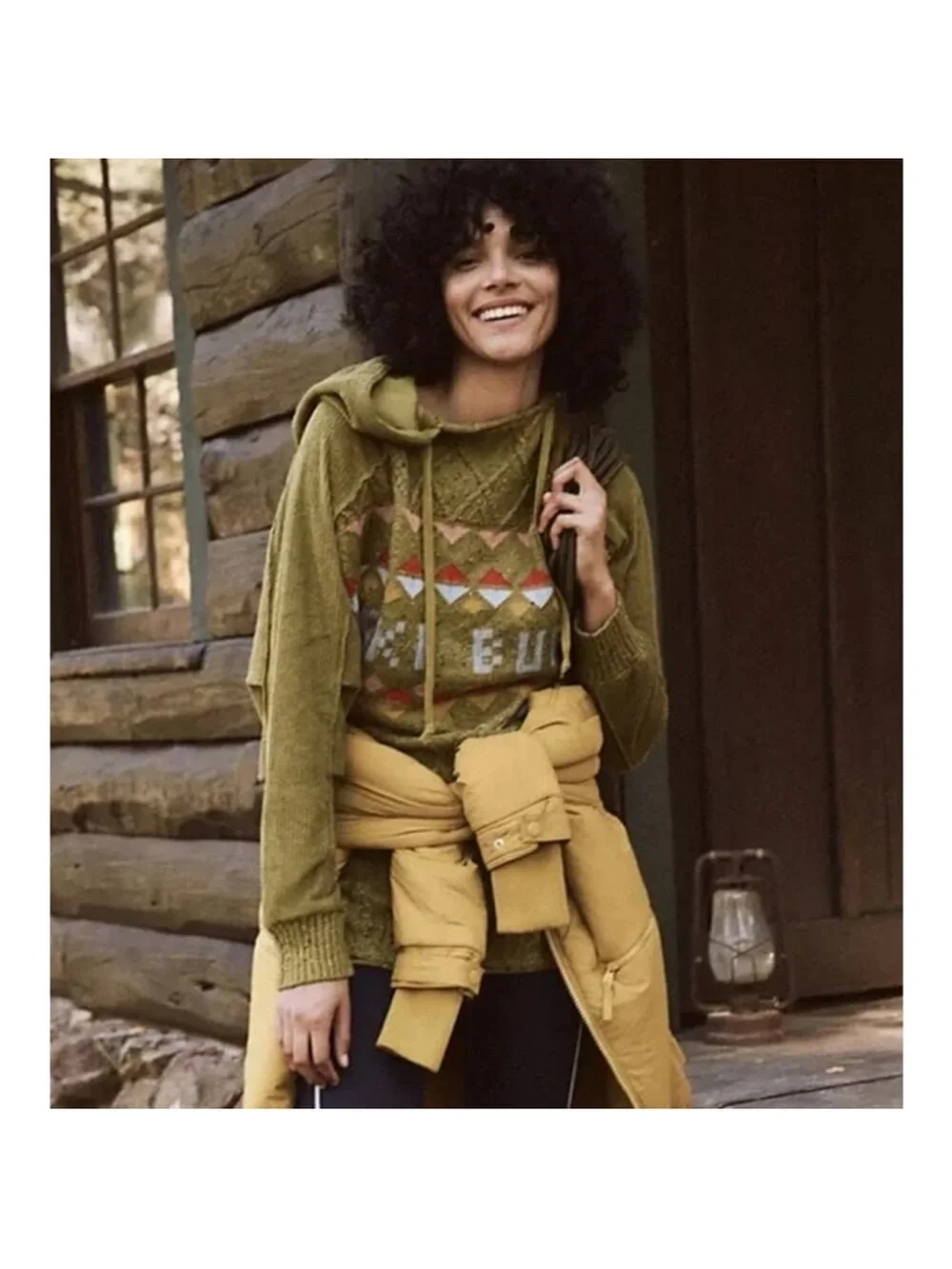 Free People Ski Bum Green Cable Knit Hooded Sweater Size Small Oversized